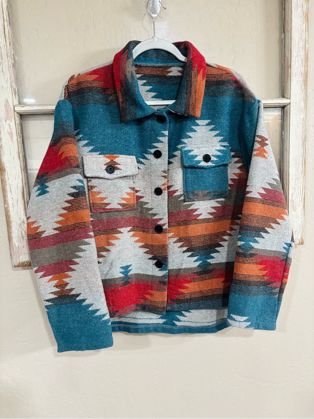 Aztec-Pattern Jean Jacket in Teal & Rust